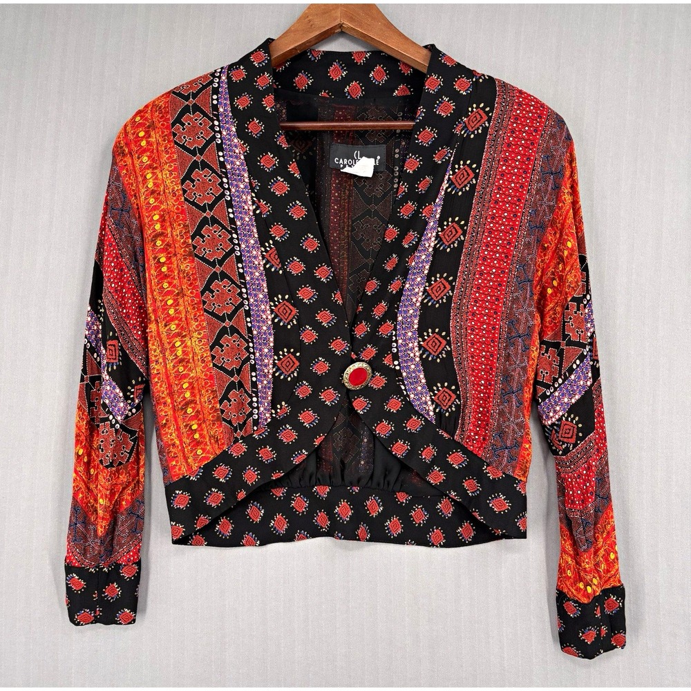 Vintage 90s Carole Little Petites Mixed Print Cropped Blouse Jacket 6 USA